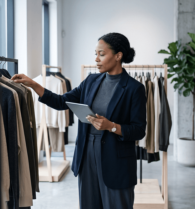 Business owner managing her boutique inventory on a tablet