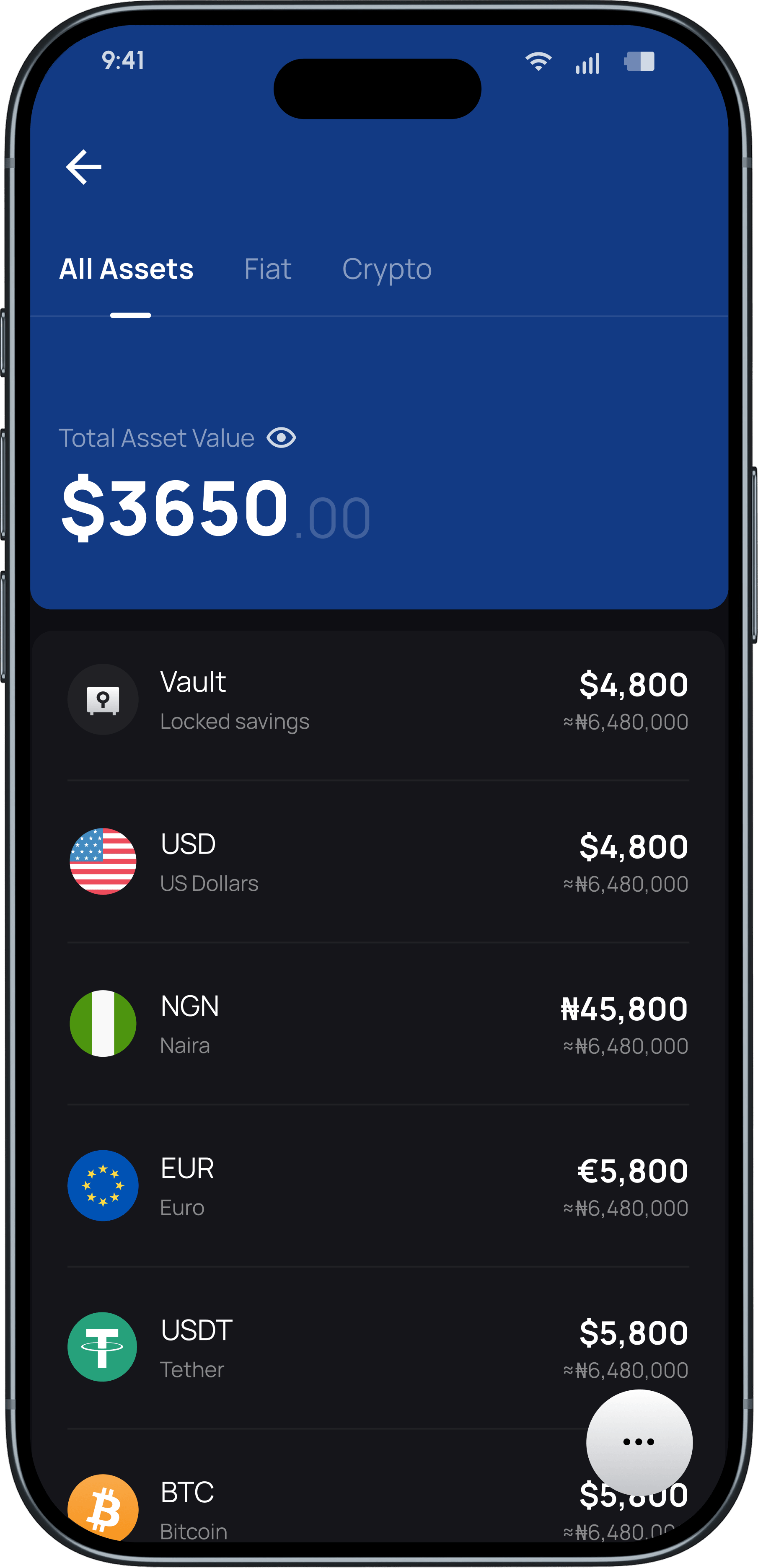 Ultra App Assets Screen showing multi-currency balances