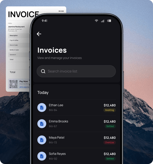 Ultra digital invoices workflow and mobile app interface